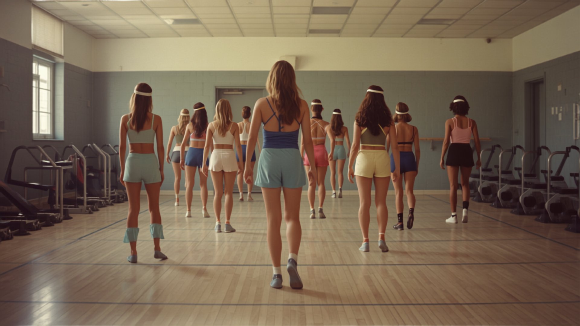 Aerobics class in 1980s workout gear, seen from behind