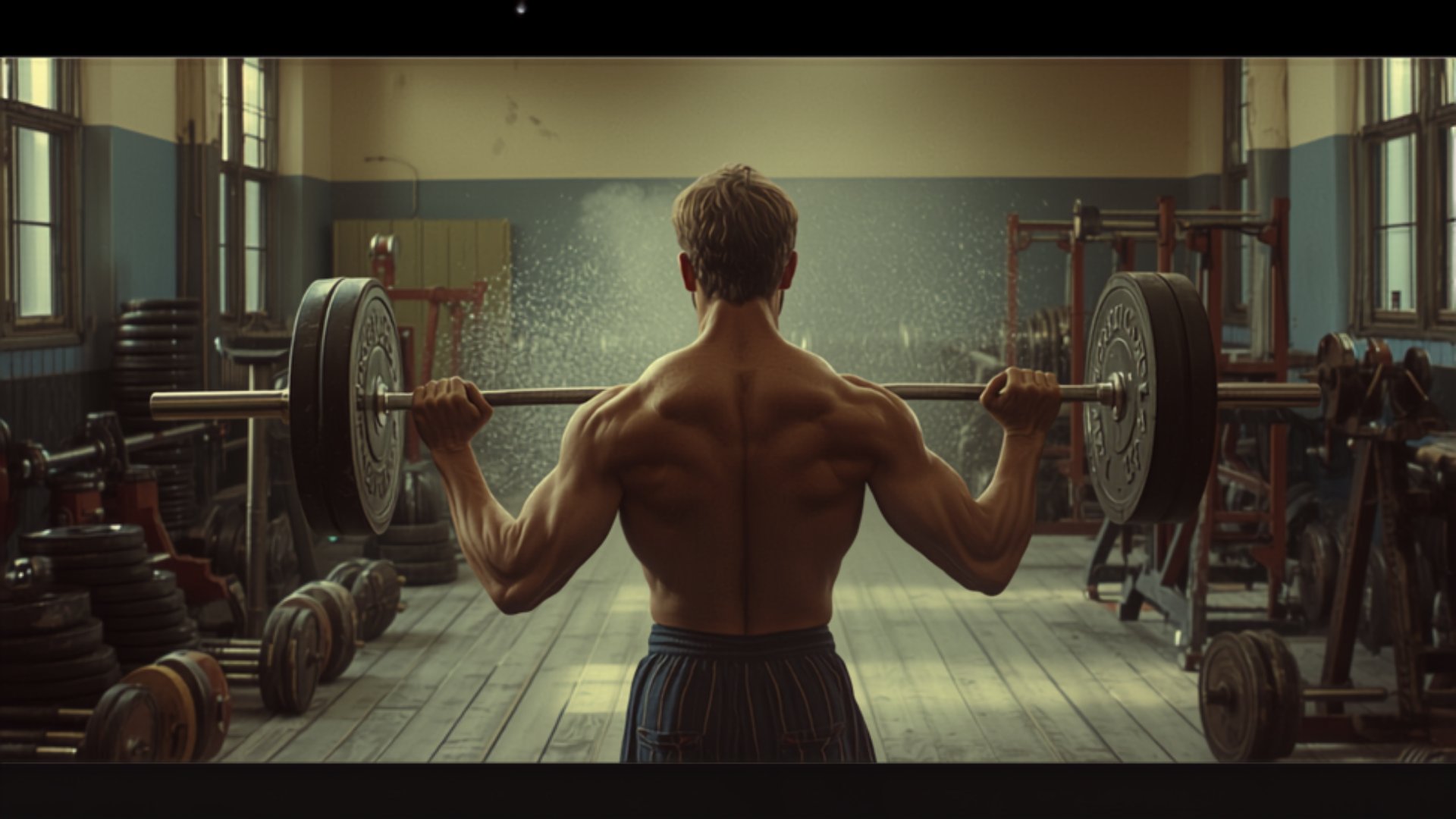 Lifter at a loaded barbell in a vintage free-weights gym